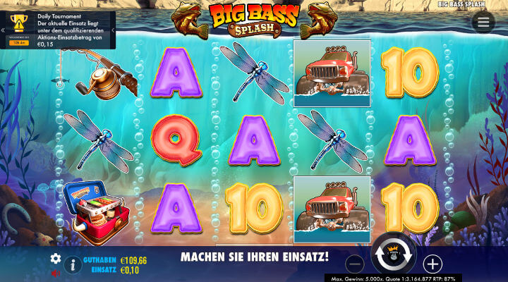 Walzen des deutschen Big Bass Splash Slots mit verschiedenen Symbolen